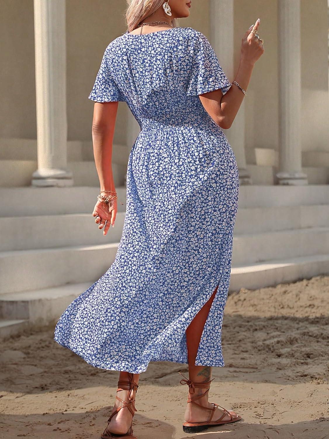 imageFloerns Womens Plus Size Boho Floral V Neck Short Sleeve A Line Long DressSky Blue