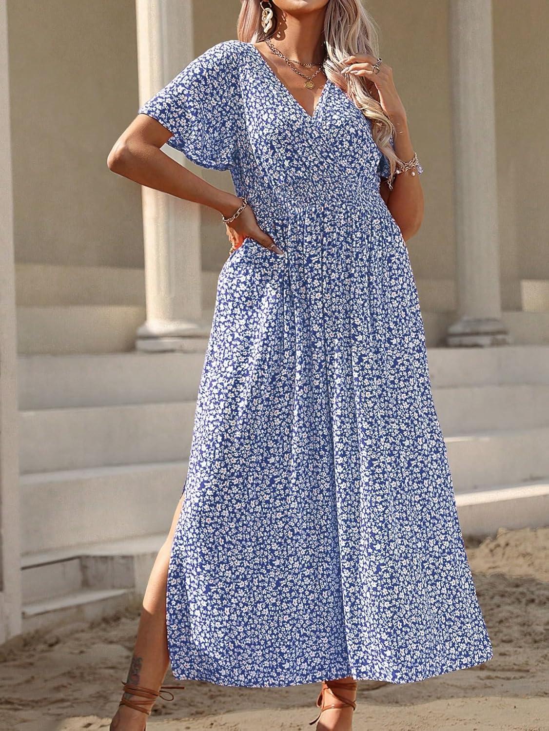 imageFloerns Womens Plus Size Boho Floral V Neck Short Sleeve A Line Long DressSky Blue
