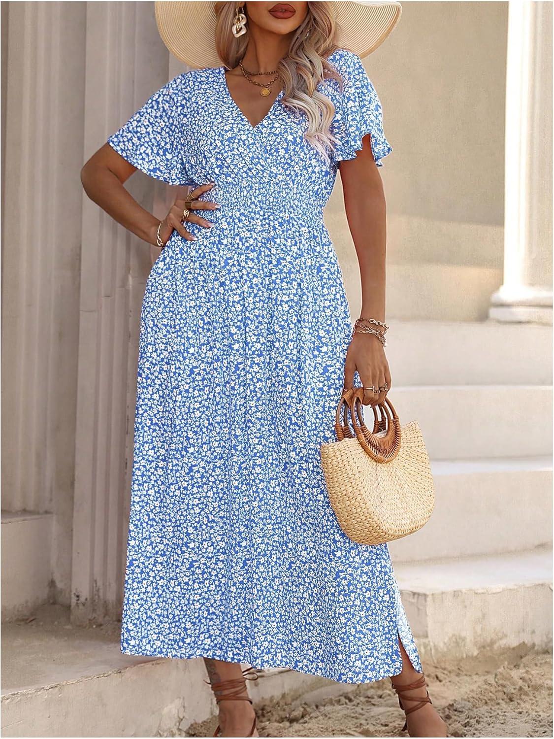 imageFloerns Womens Plus Size Boho Floral V Neck Short Sleeve A Line Long DressSky Blue