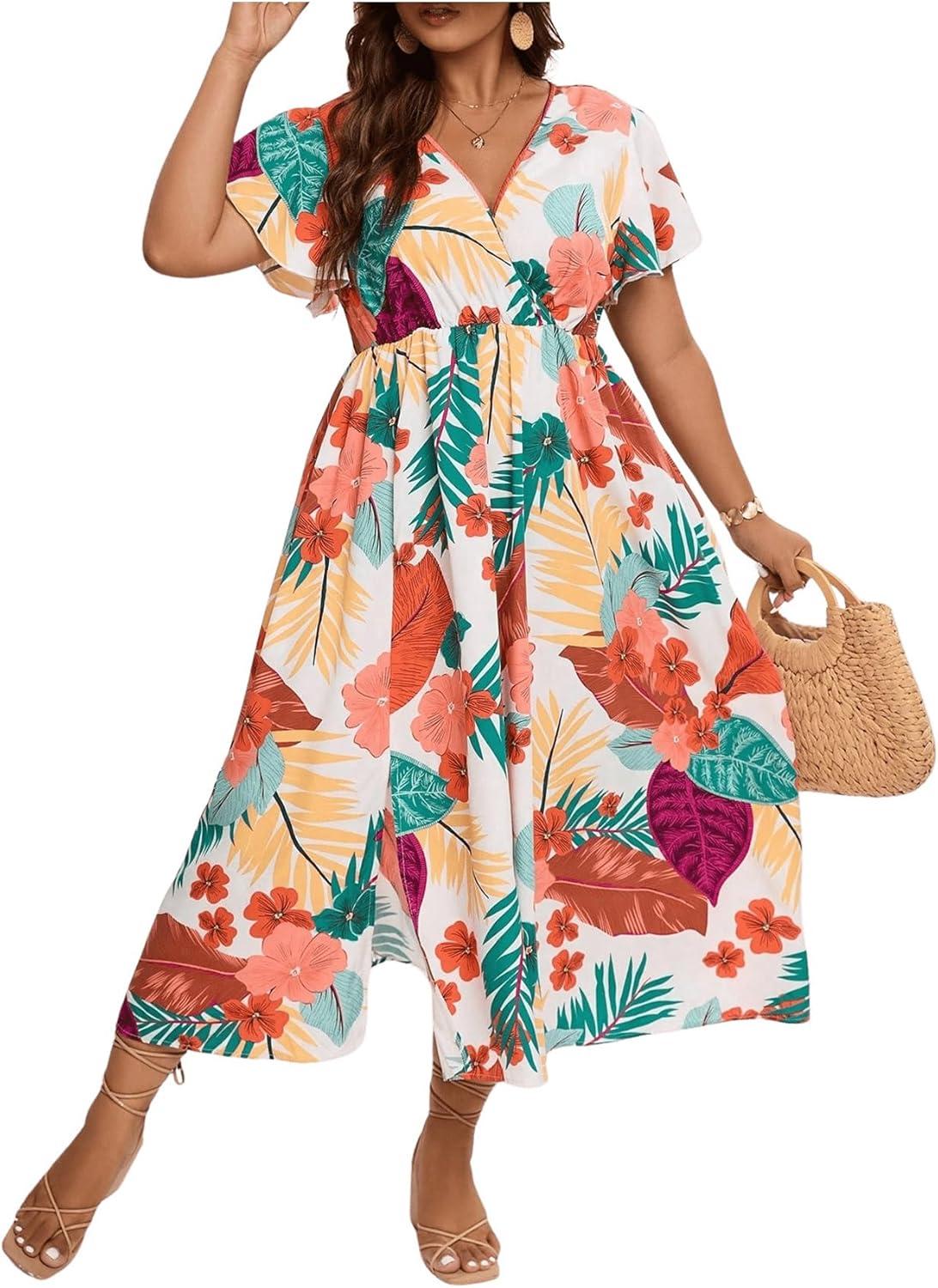 imageFloerns Womens Plus Size Boho Floral V Neck Short Sleeve A Line Long DressWhite Brown Multi