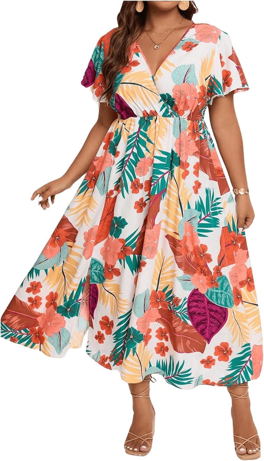 imageFloerns Womens Plus Size Boho Floral V Neck Short Sleeve A Line Long DressWhite Brown Multi