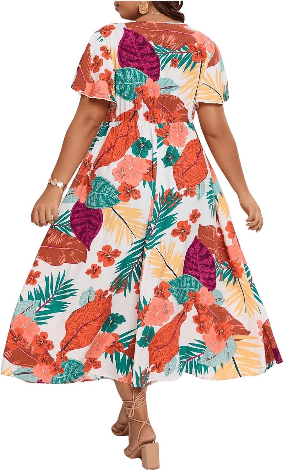 imageFloerns Womens Plus Size Boho Floral V Neck Short Sleeve A Line Long DressWhite Brown Multi