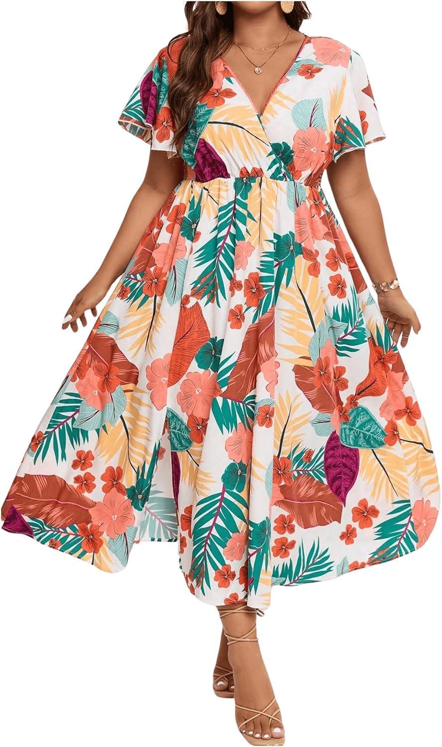 imageFloerns Womens Plus Size Boho Floral V Neck Short Sleeve A Line Long DressWhite Brown Multi