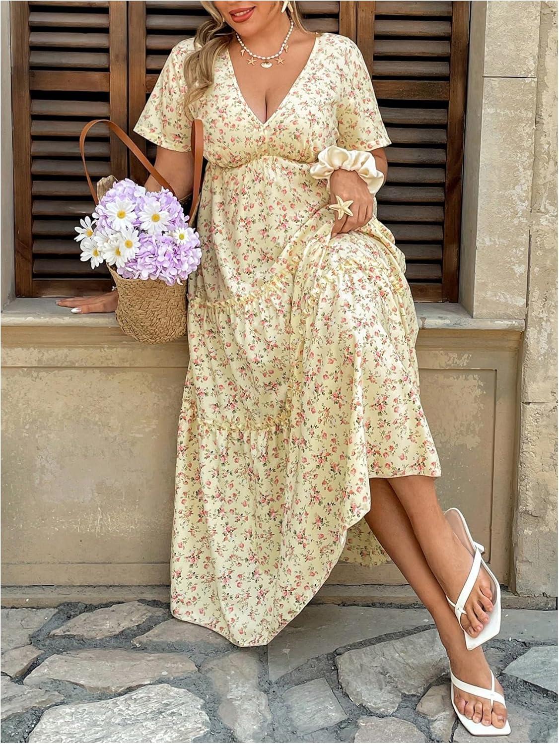 imageFloerns Womens Plus Size Boho Floral V Neck Short Sleeve A Line Long DressYellow Multi
