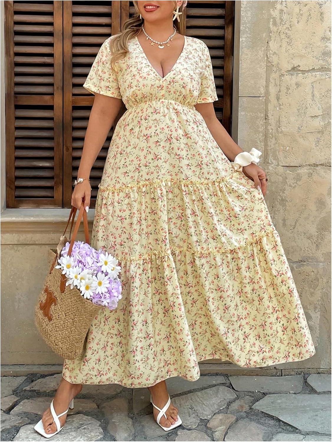 imageFloerns Womens Plus Size Boho Floral V Neck Short Sleeve A Line Long DressYellow Multi