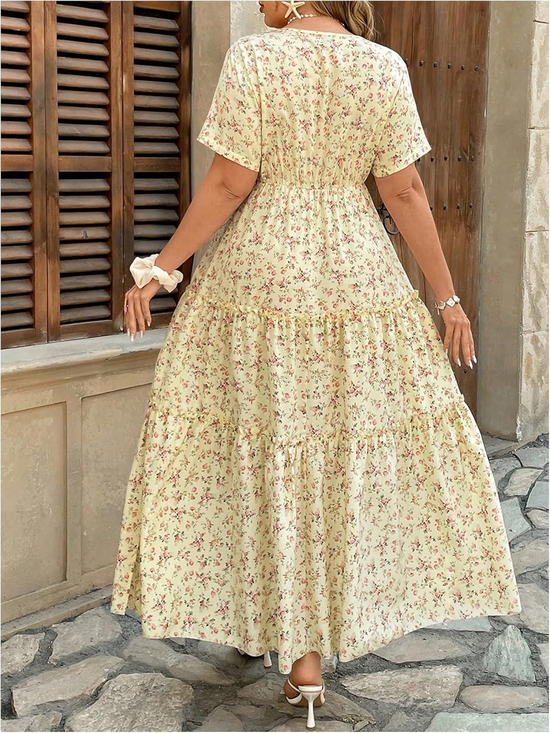 imageFloerns Womens Plus Size Boho Floral V Neck Short Sleeve A Line Long DressYellow Multi