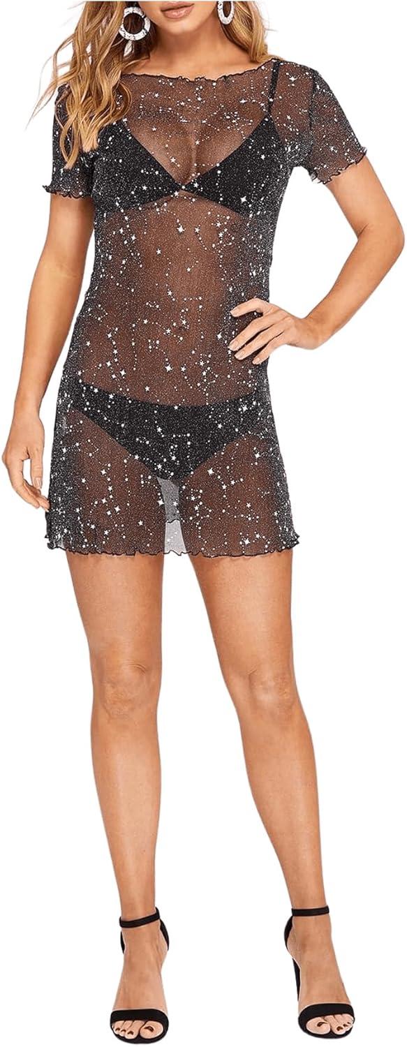 imageFloerns Womens Sheer Mesh See Through Glitter Swimsuit Cover Up