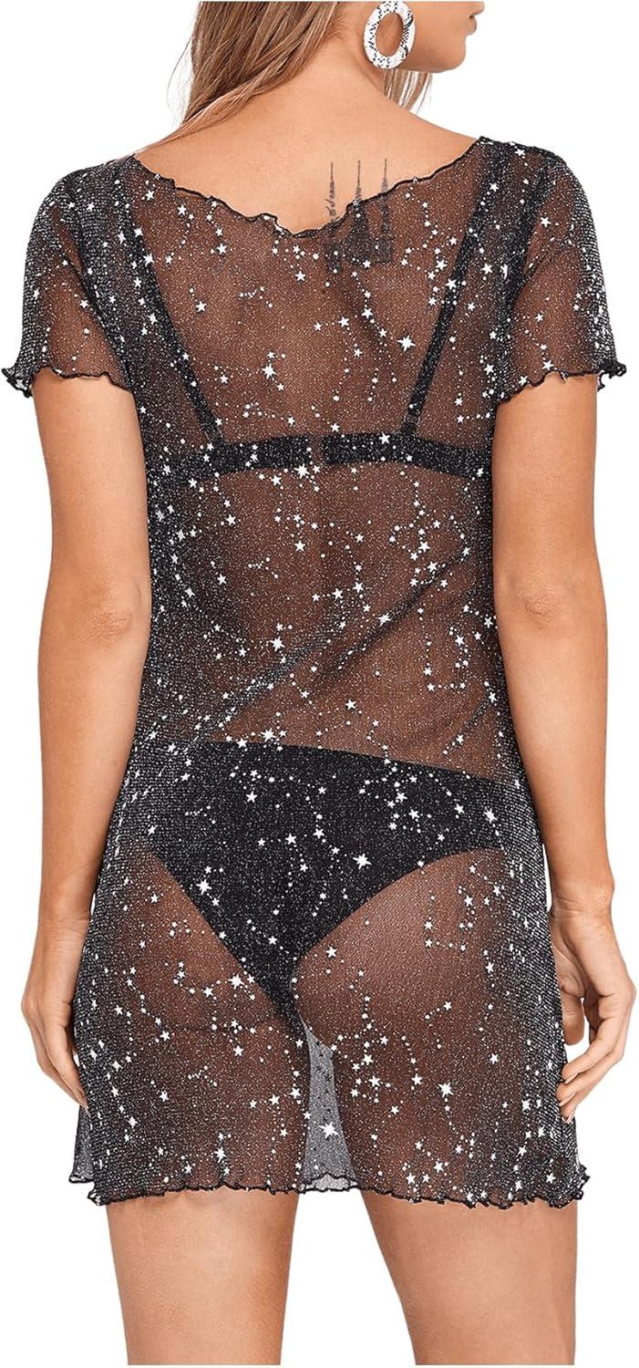 imageFloerns Womens Sheer Mesh See Through Glitter Swimsuit Cover Up