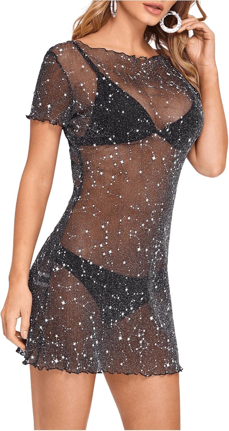 imageFloerns Womens Sheer Mesh See Through Glitter Swimsuit Cover Up