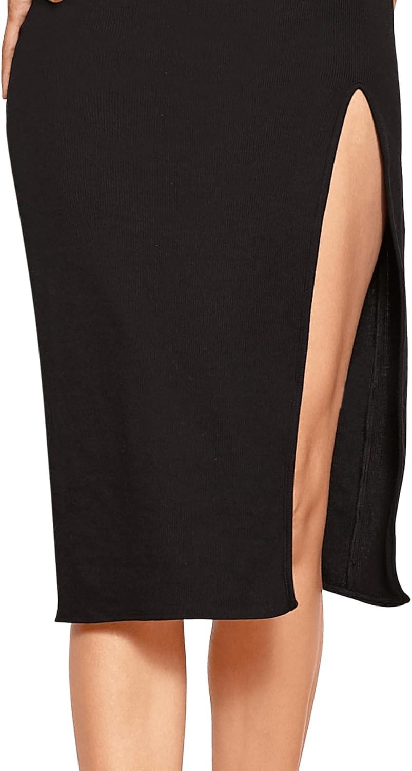 imageFloerns Womens Solid Strapless Split Thigh Tube Dress Side Slit Bodycon Midi DressesBlack
