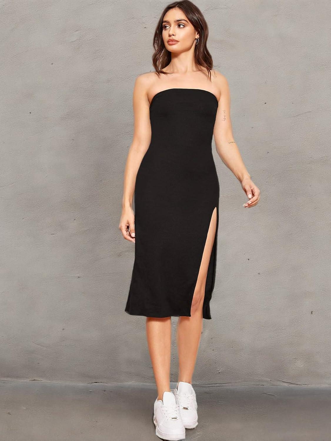 imageFloerns Womens Solid Strapless Split Thigh Tube Dress Side Slit Bodycon Midi DressesBlack