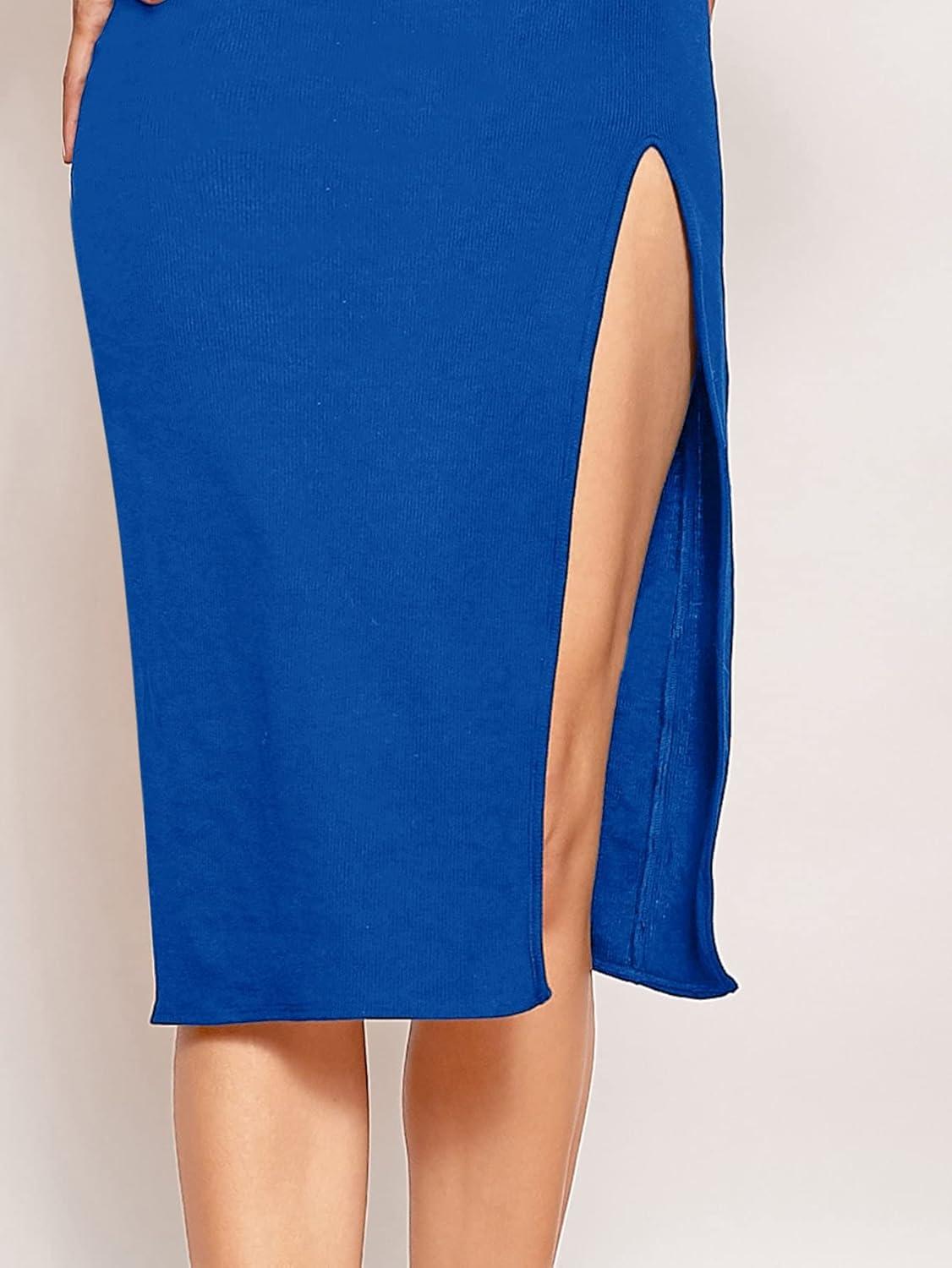 imageFloerns Womens Solid Strapless Split Thigh Tube Dress Side Slit Bodycon Midi DressesBlue