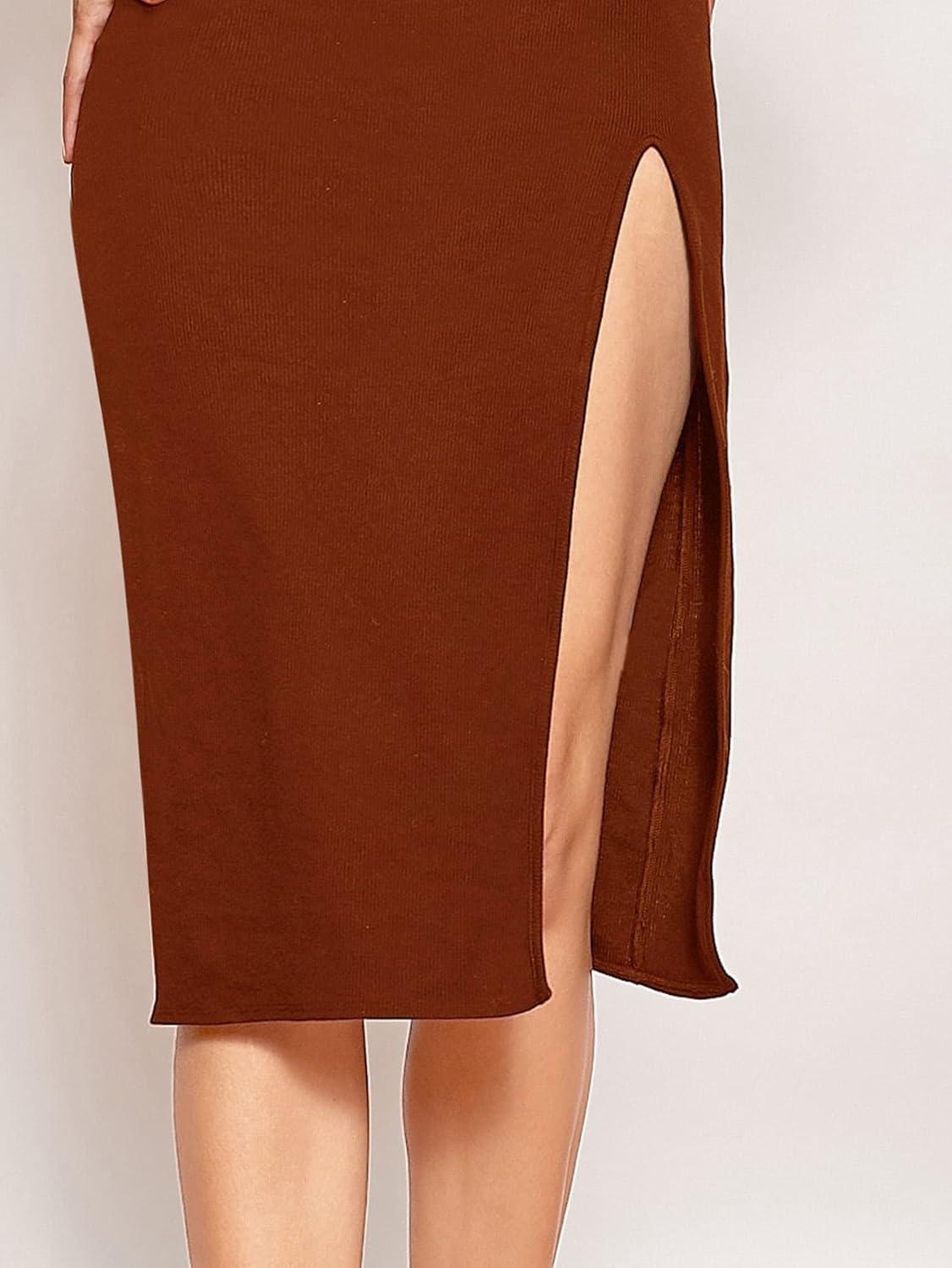 imageFloerns Womens Solid Strapless Split Thigh Tube Dress Side Slit Bodycon Midi DressesRust Brown