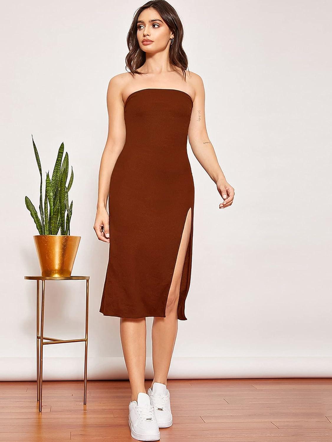imageFloerns Womens Solid Strapless Split Thigh Tube Dress Side Slit Bodycon Midi DressesRust Brown