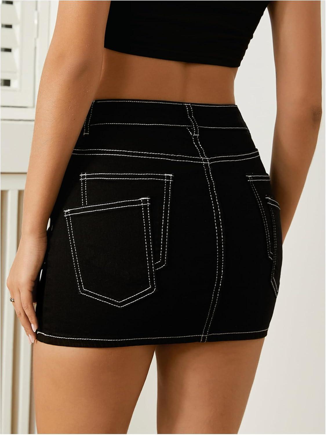 imageFloerns Womens Stretch High Waisted Short Mini Denim Skirt Jeans SkirtsA Black