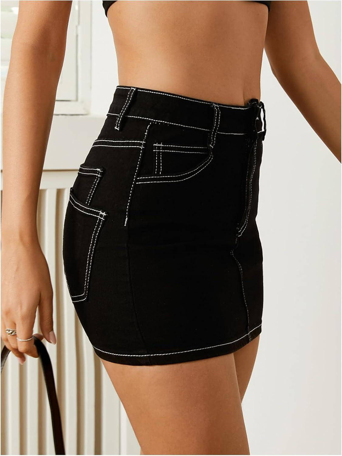 imageFloerns Womens Stretch High Waisted Short Mini Denim Skirt Jeans SkirtsA Black