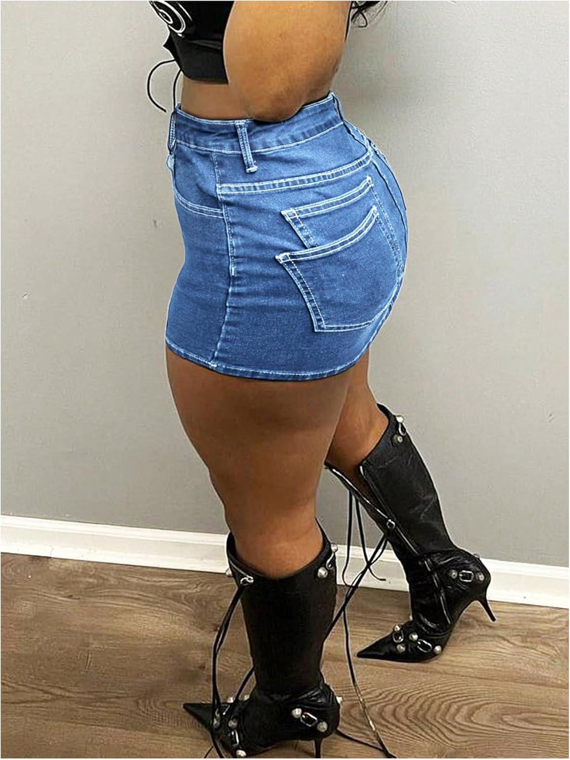 imageFloerns Womens Stretch High Waisted Short Mini Denim Skirt Jeans SkirtsLight Blue