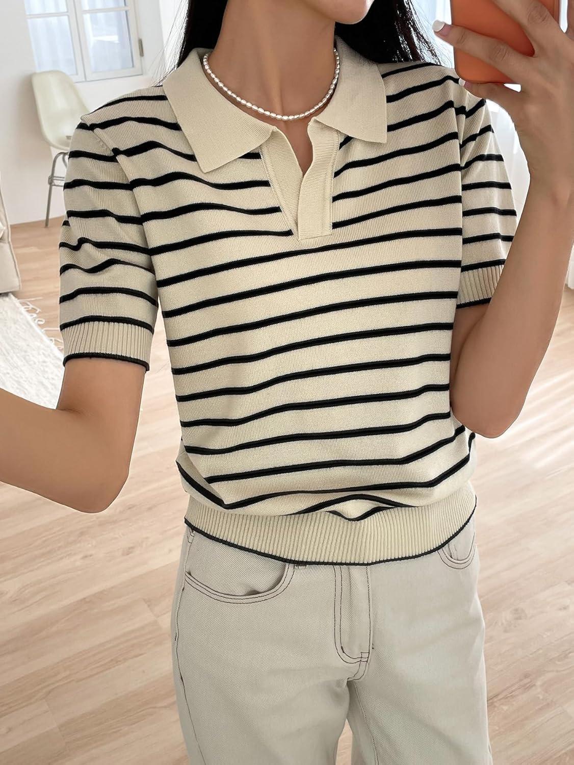 imageFloerns Womens Striped Print Short Sleeve Collar Neck Knitted Casual Tee ShirtBeige and Black