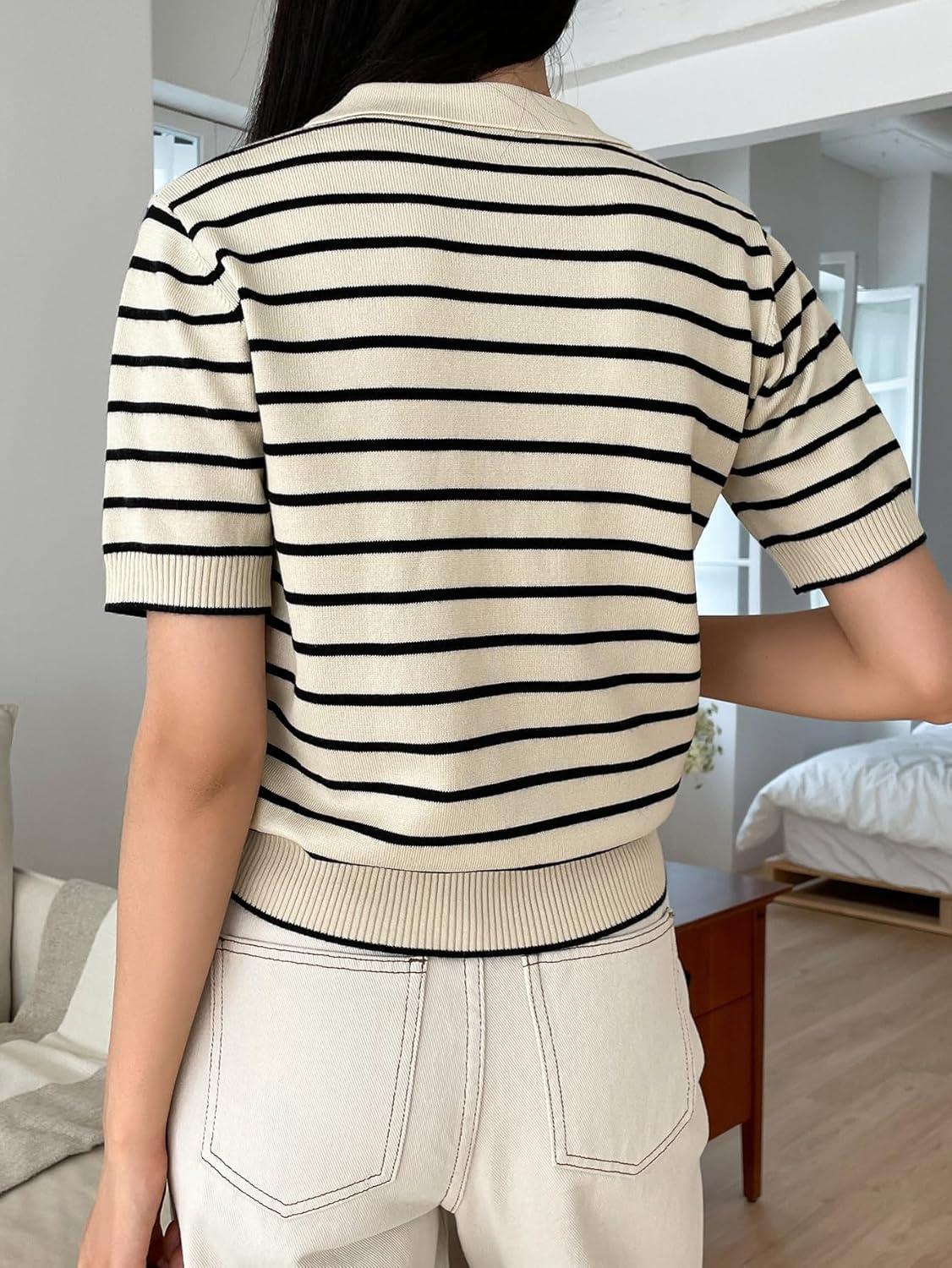 imageFloerns Womens Striped Print Short Sleeve Collar Neck Knitted Casual Tee ShirtBeige and Black