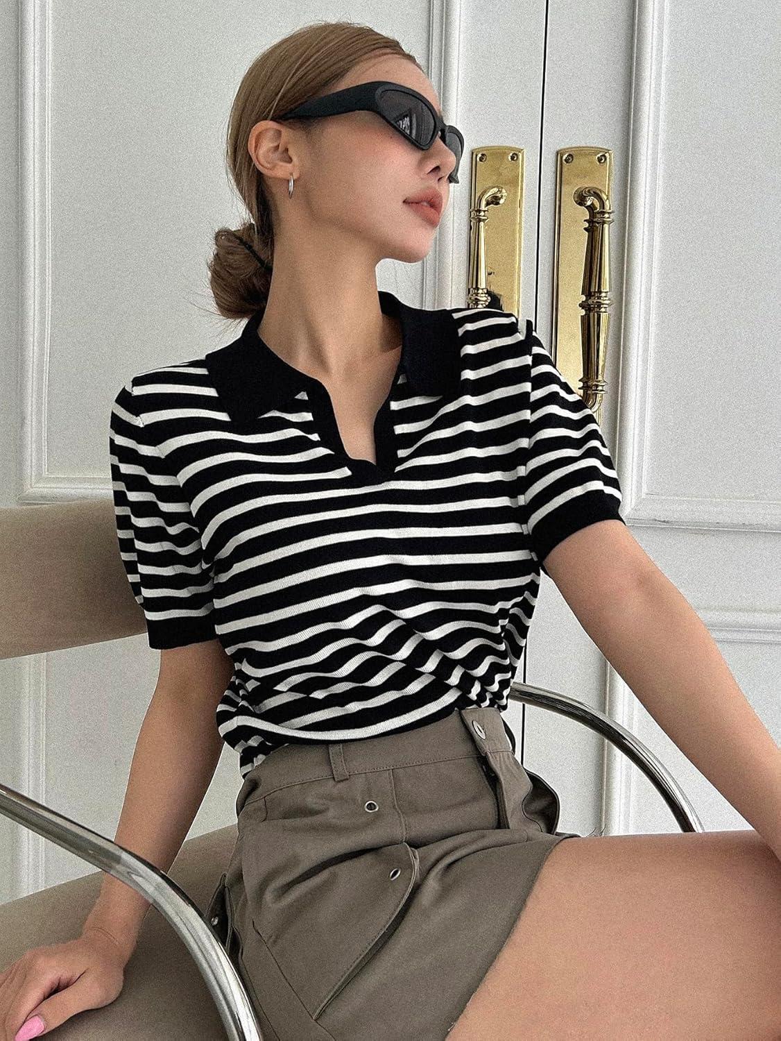 imageFloerns Womens Striped Print Short Sleeve Collar Neck Knitted Casual Tee ShirtBlack