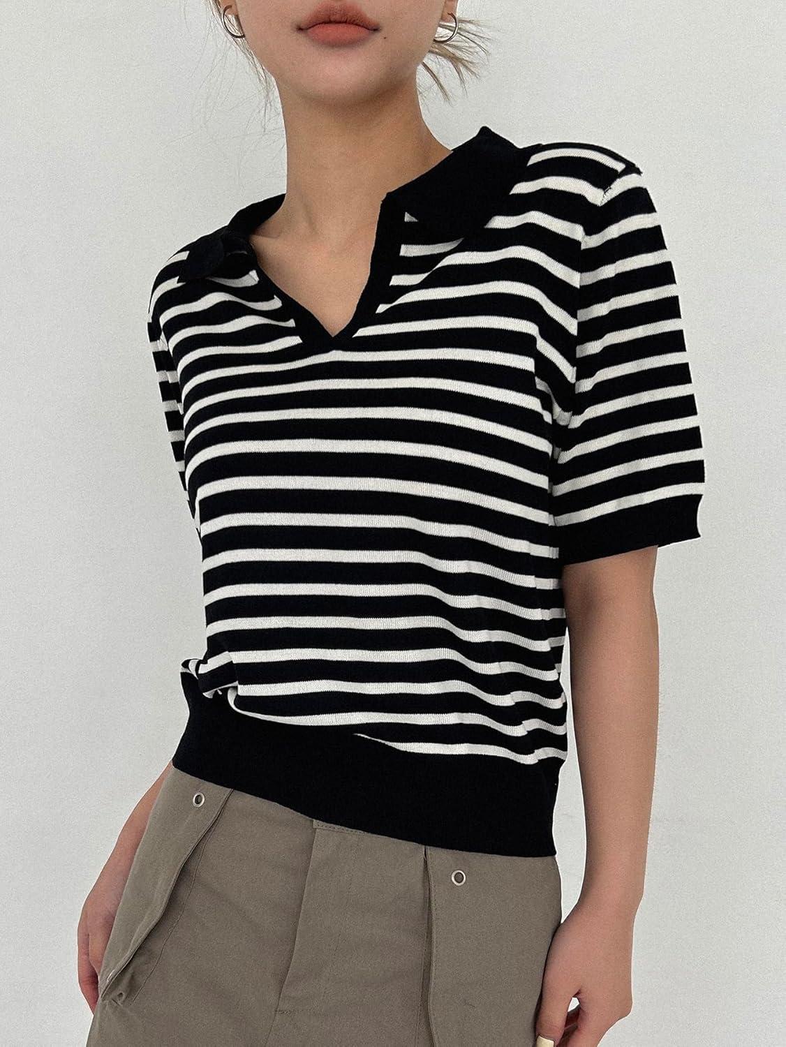 imageFloerns Womens Striped Print Short Sleeve Collar Neck Knitted Casual Tee ShirtBlack