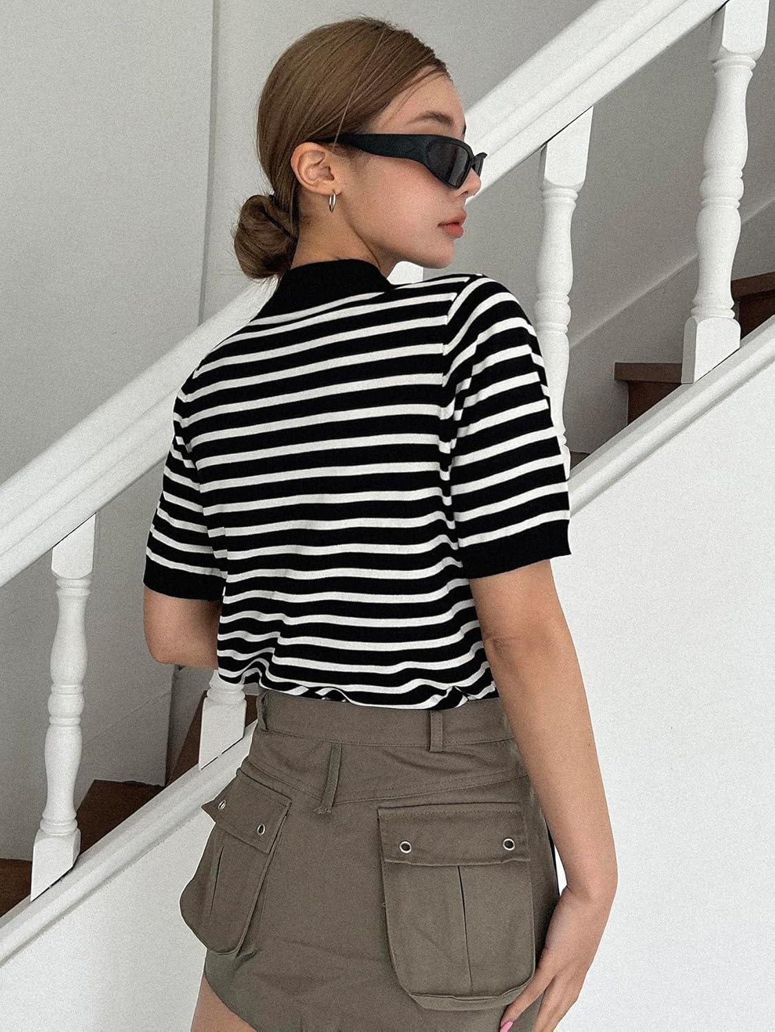 imageFloerns Womens Striped Print Short Sleeve Collar Neck Knitted Casual Tee ShirtBlack
