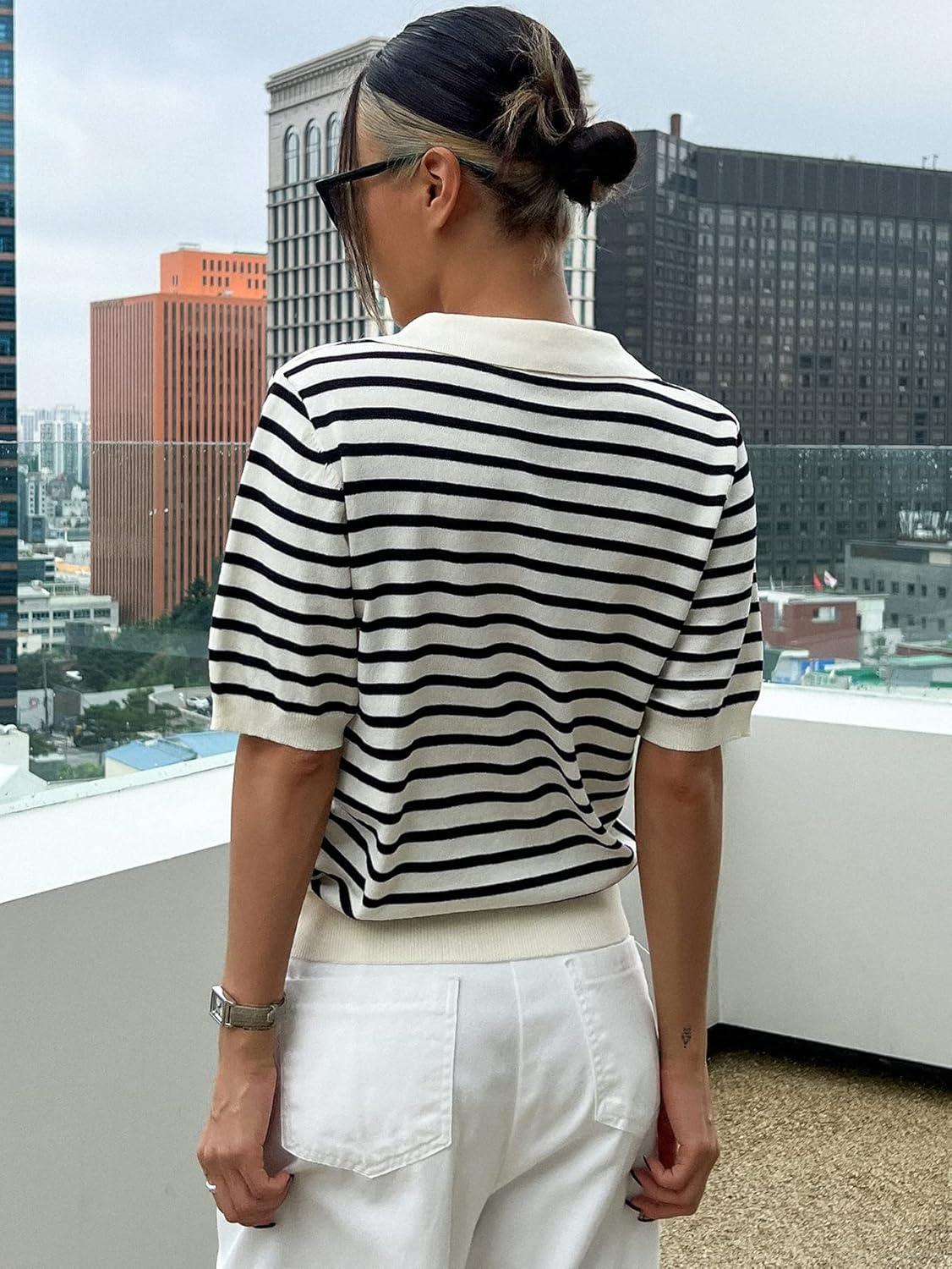 imageFloerns Womens Striped Print Short Sleeve Collar Neck Knitted Casual Tee ShirtBlack and White