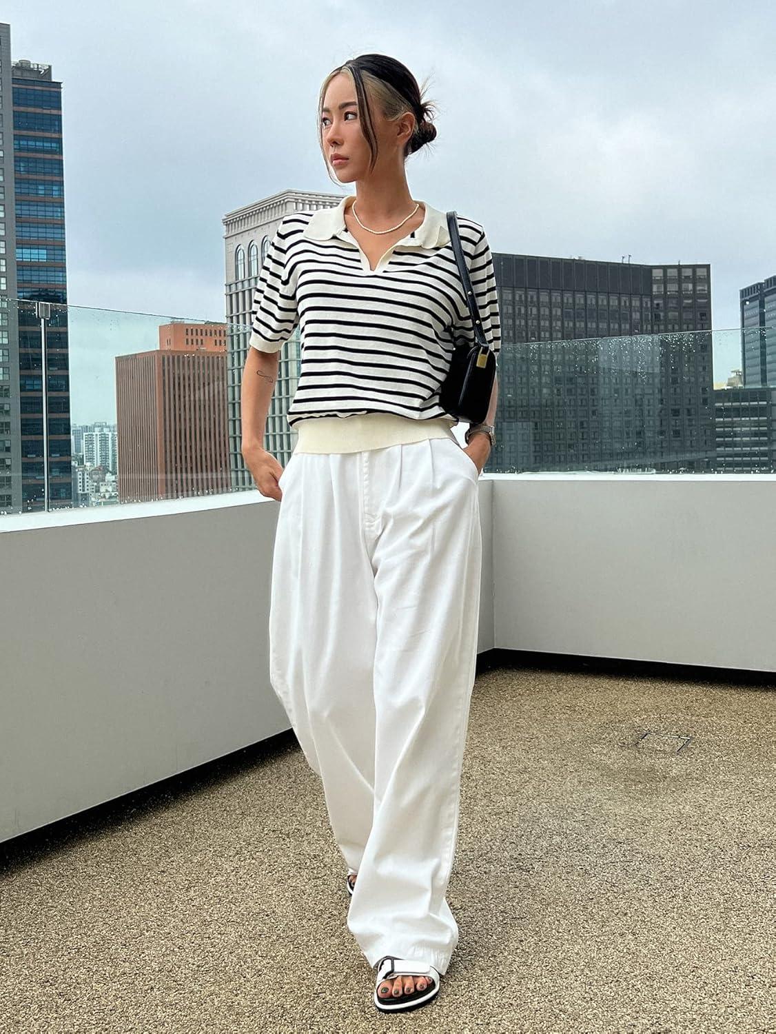 imageFloerns Womens Striped Print Short Sleeve Collar Neck Knitted Casual Tee ShirtBlack and White