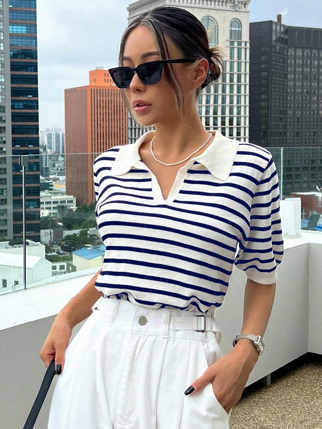 imageFloerns Womens Striped Print Short Sleeve Collar Neck Knitted Casual Tee ShirtNavy Blue
