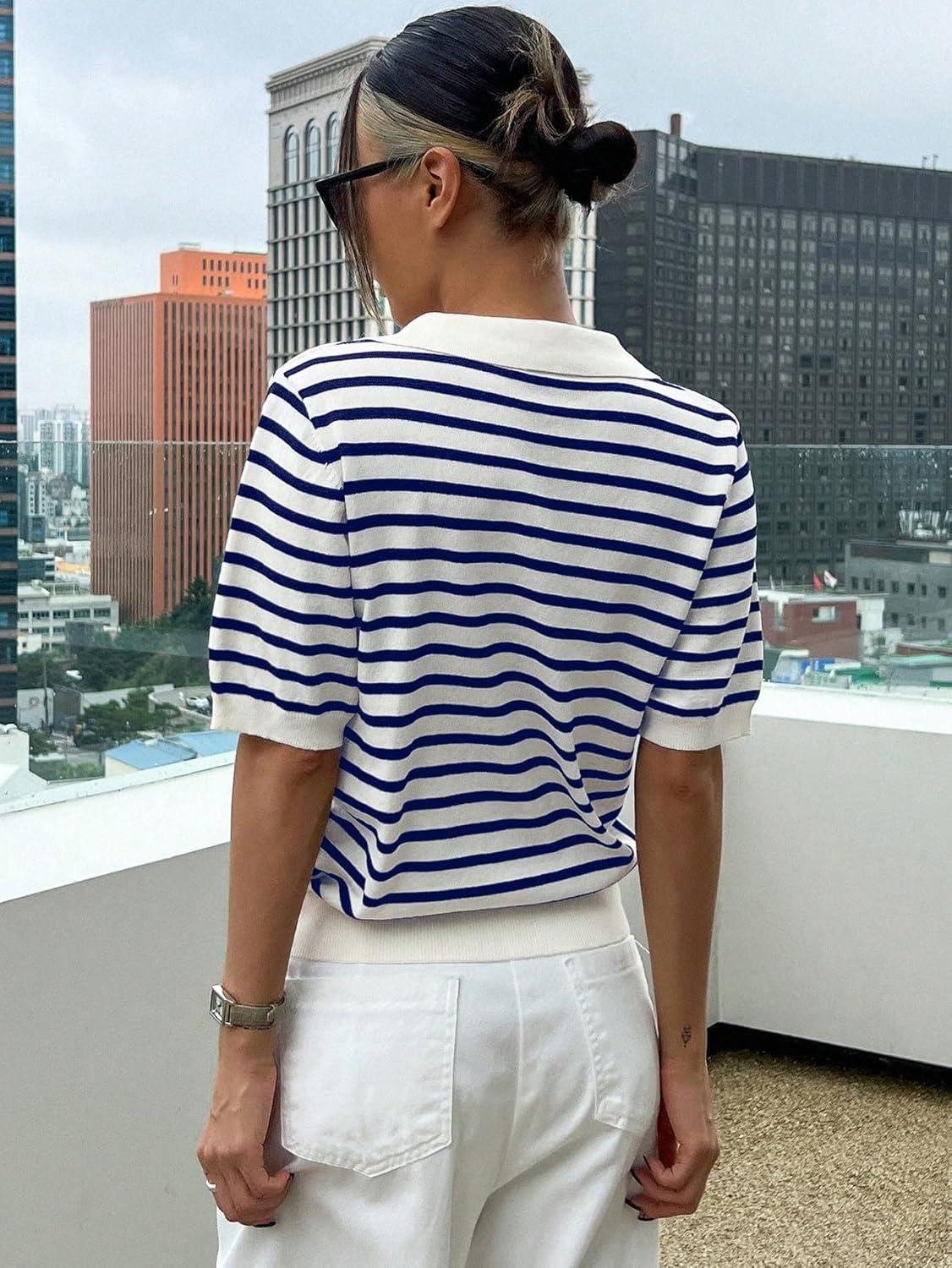 imageFloerns Womens Striped Print Short Sleeve Collar Neck Knitted Casual Tee ShirtNavy Blue
