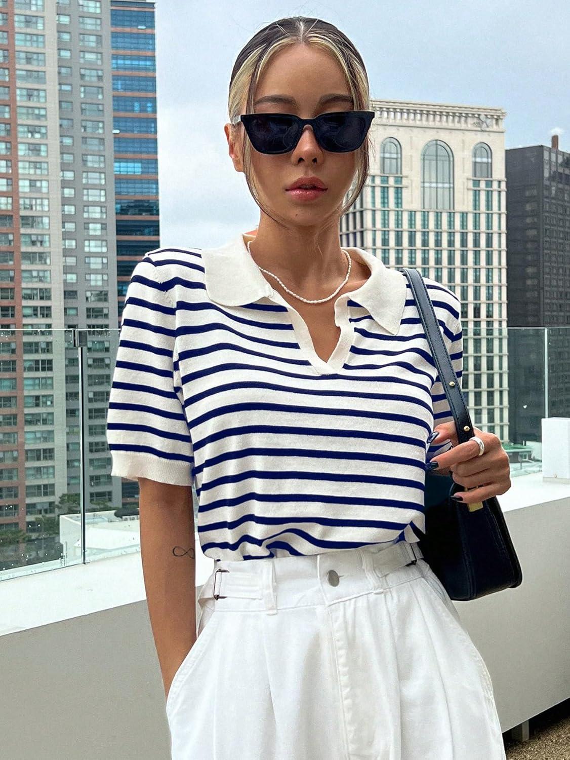 imageFloerns Womens Striped Print Short Sleeve Collar Neck Knitted Casual Tee ShirtNavy Blue