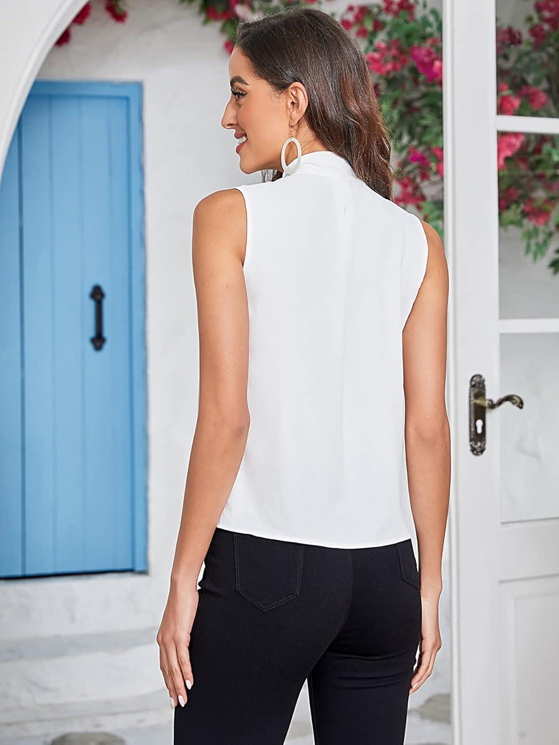 imageFloerns Womens Tie Bow Neck Sleeveless Chiffon Solid Blouse TopA White