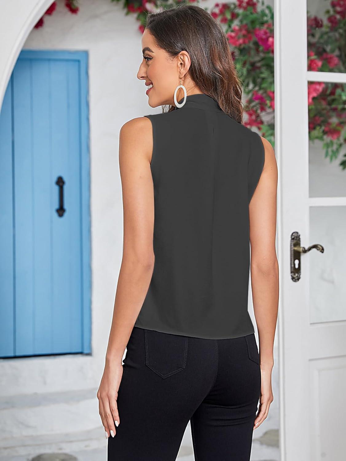 imageFloerns Womens Tie Bow Neck Sleeveless Chiffon Solid Blouse TopBlack