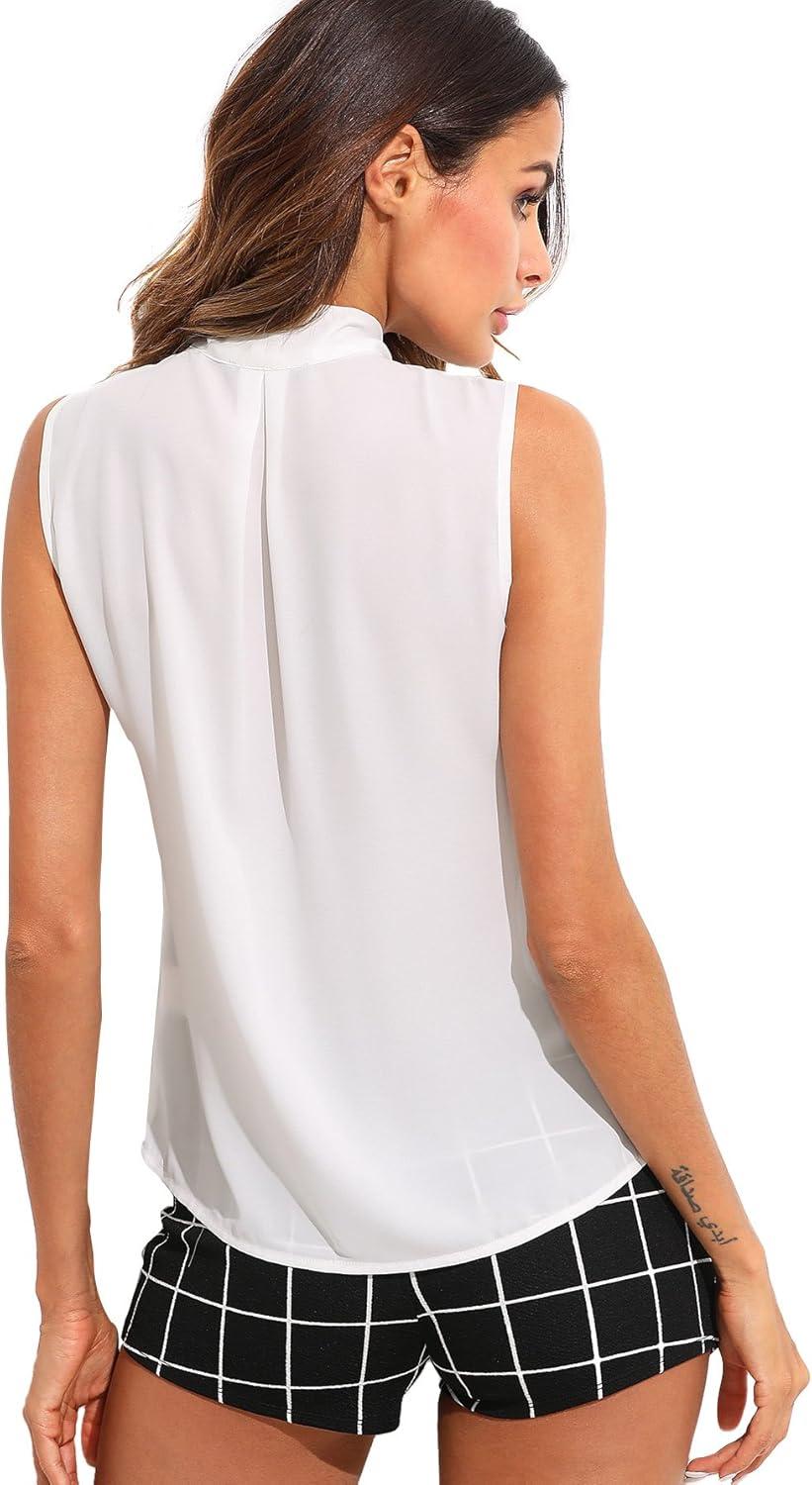 imageFloerns Womens Tie Bow Neck Sleeveless Chiffon Solid Blouse TopWhite
