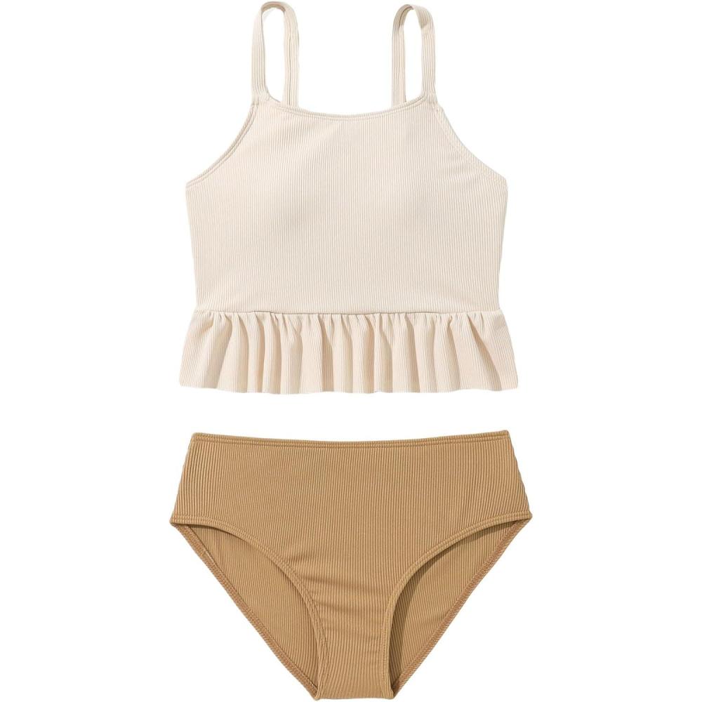 imageFloerns Girls Color Block Ruffle Trim Two Piece Bikini SwimsuitBeige