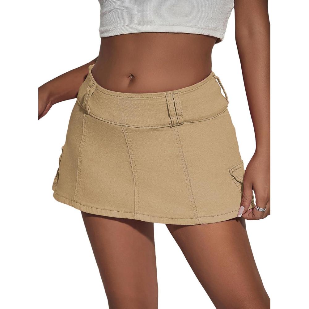 imageFloerns Womens Casual A Line Flare Jean Denim Mini Skirts with PocketKhaki Plain