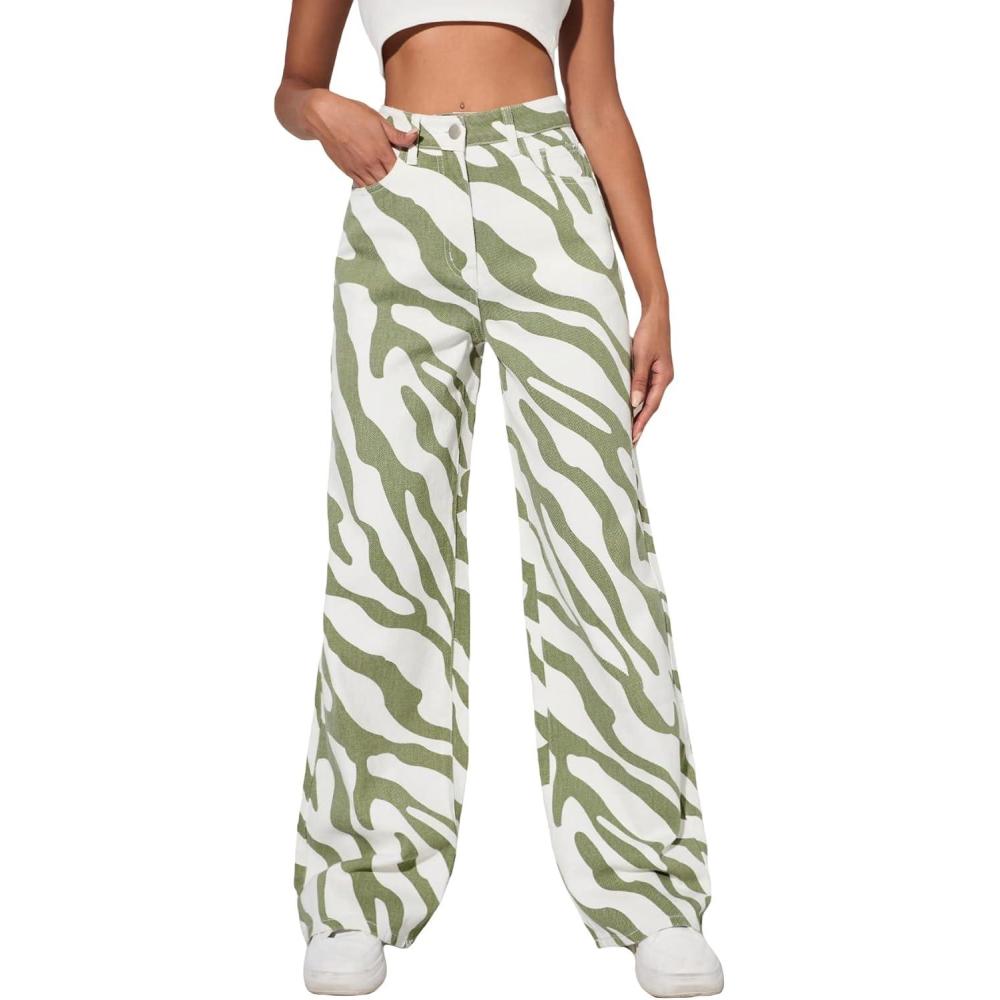 imageFloerns Womens High Waist Print Pants Y2K Print Wide Leg Denim JeansGreen White