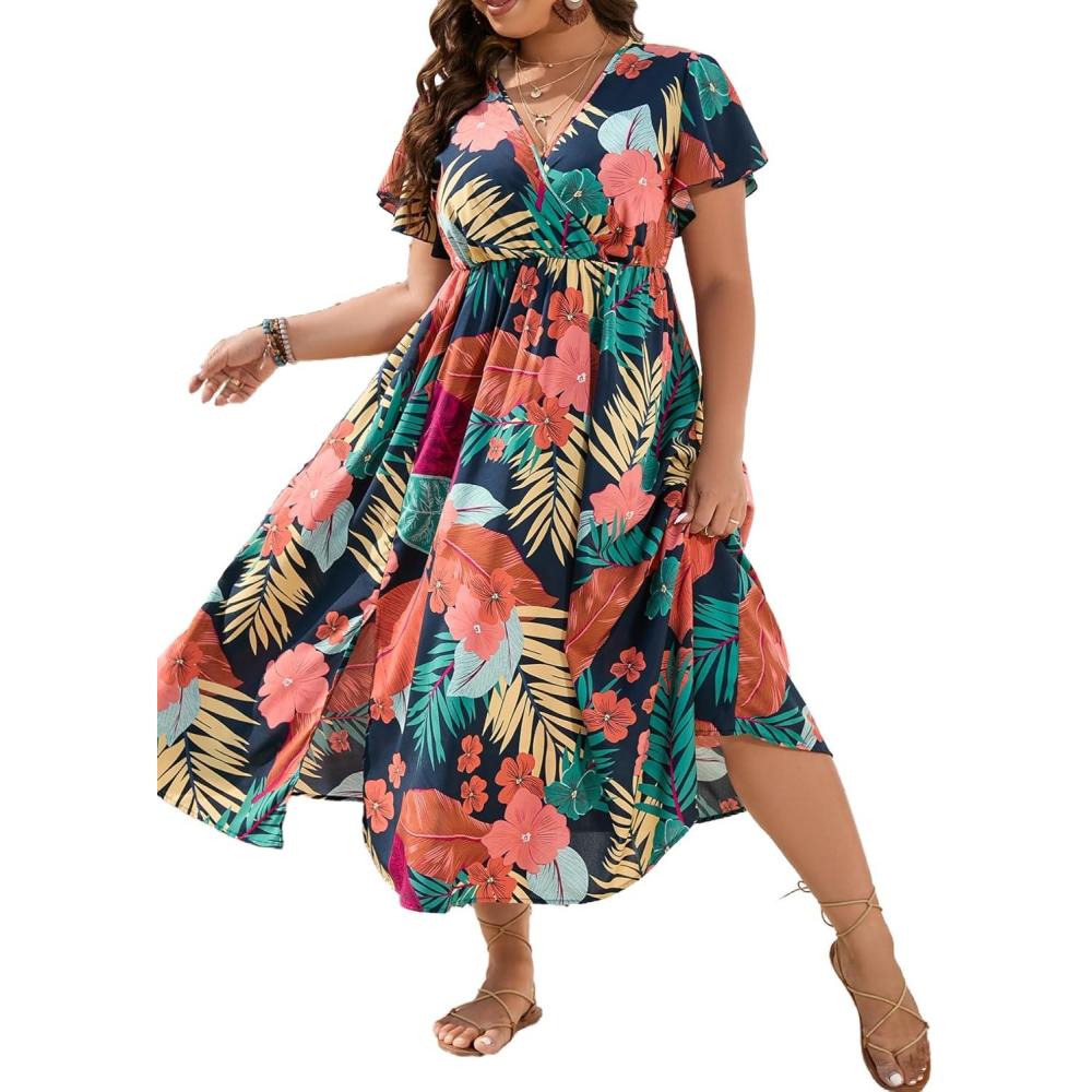 imageFloerns Womens Plus Size Boho Floral V Neck Short Sleeve A Line Long DressBlack Orange Tropical