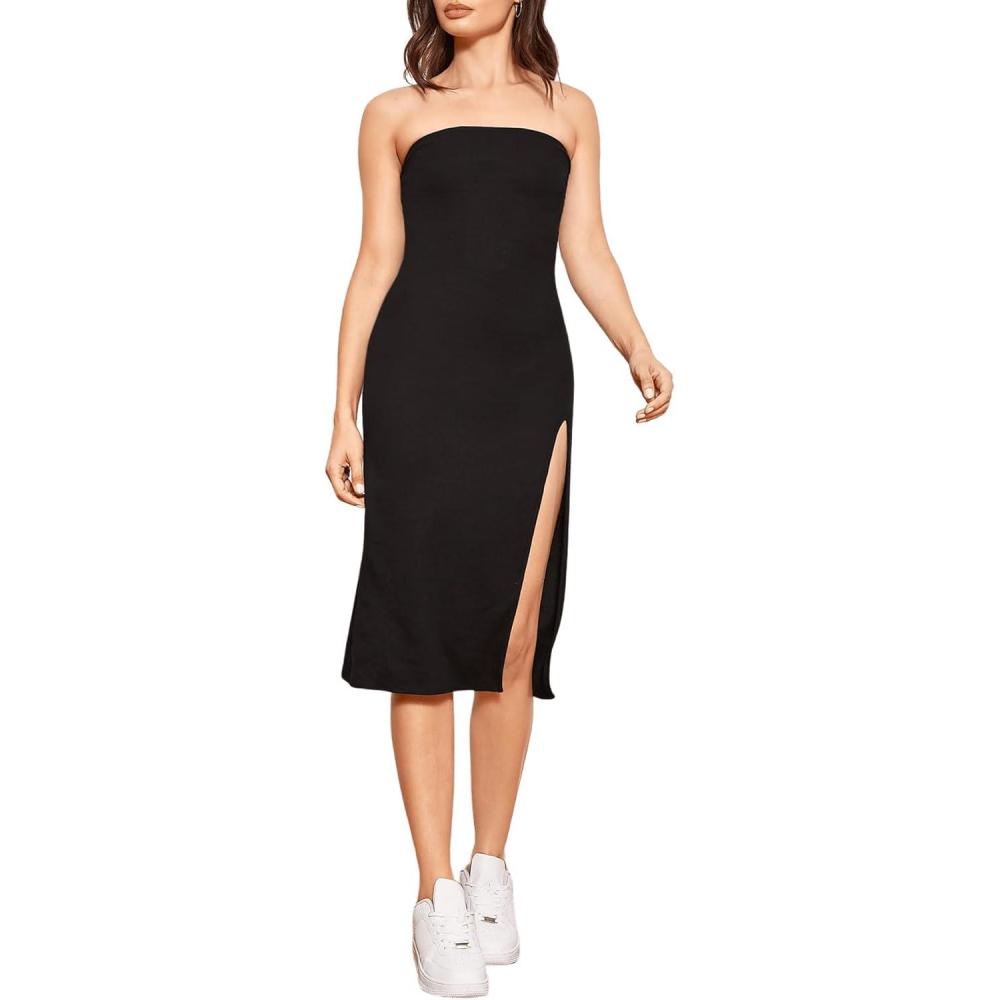 imageFloerns Womens Solid Strapless Split Thigh Tube Dress Side Slit Bodycon Midi DressesBlack