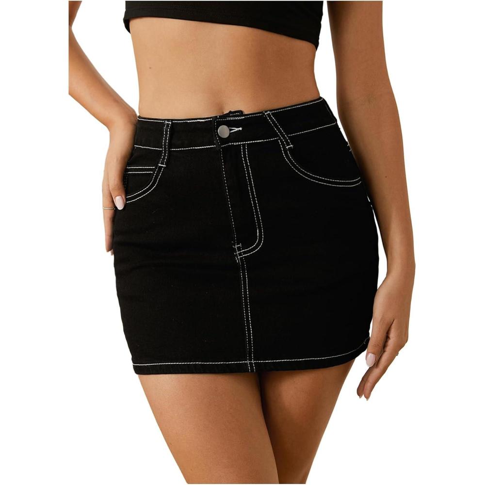 imageFloerns Womens Stretch High Waisted Short Mini Denim Skirt Jeans SkirtsA Black