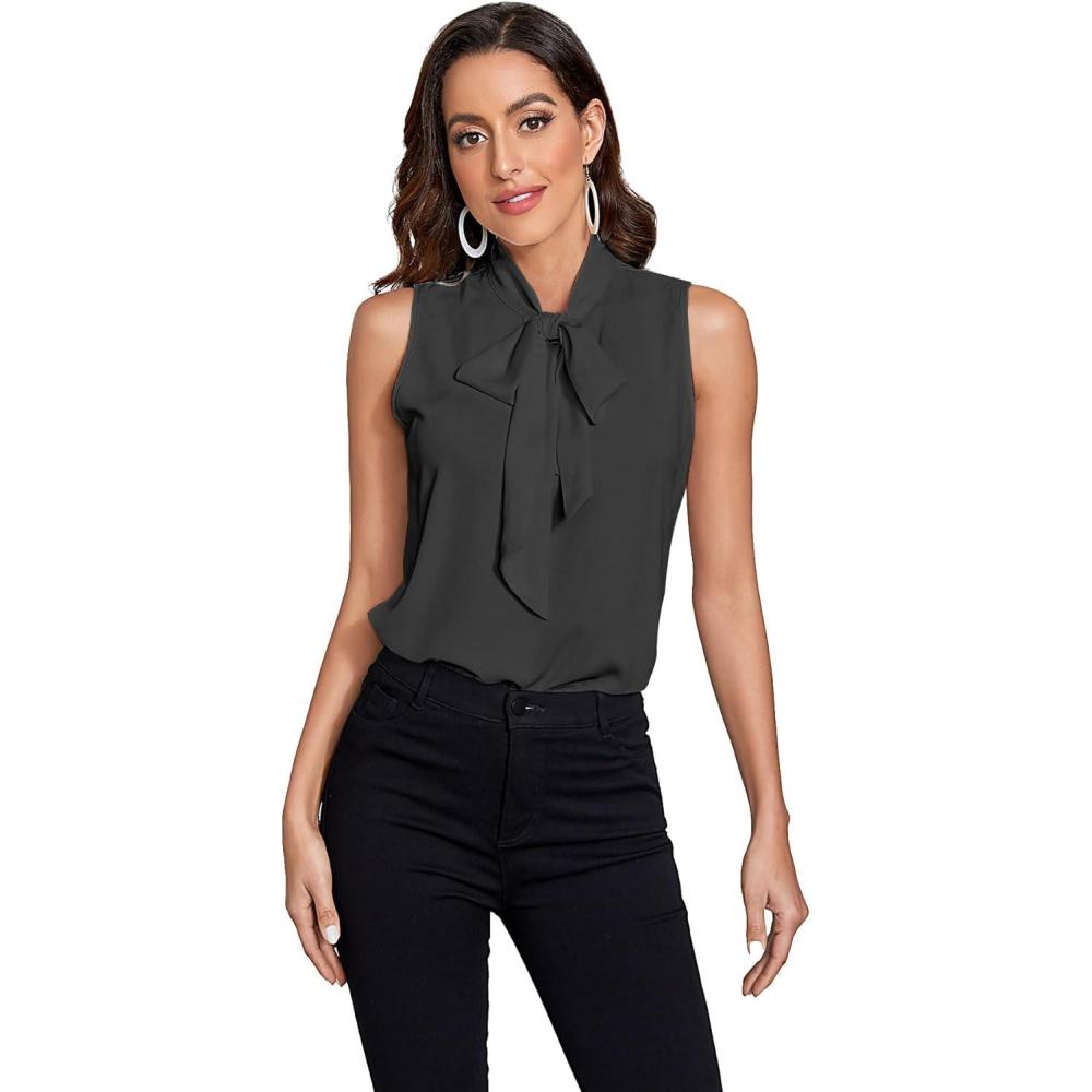 imageFloerns Womens Tie Bow Neck Sleeveless Chiffon Solid Blouse TopBlack