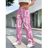 imageFloerns Womens High Waist Print Pants Y2K Print Wide Leg Denim JeansHeart Pink