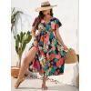 imageFloerns Womens Plus Size Boho Floral V Neck Short Sleeve A Line Long DressBlack Orange Tropical