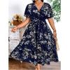 imageFloerns Womens Plus Size Boho Floral V Neck Short Sleeve A Line Long DressDark Blue Foral