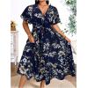 imageFloerns Womens Plus Size Boho Floral V Neck Short Sleeve A Line Long DressDark Blue Foral