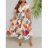 imageFloerns Womens Plus Size Boho Floral V Neck Short Sleeve A Line Long DressWhite Brown Multi