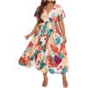 imageFloerns Womens Plus Size Boho Floral V Neck Short Sleeve A Line Long DressWhite Brown Multi
