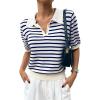 imageFloerns Womens Striped Print Short Sleeve Collar Neck Knitted Casual Tee ShirtNavy Blue