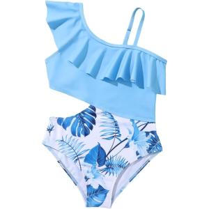 imageFloerns Girls Monokini Swimwear One Shoulder Ruffle Trim Cut Out One Piece SwimsuitBlue and White