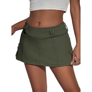 imageFloerns Womens Casual A Line Flare Jean Denim Mini Skirts with PocketArmy Green Solid